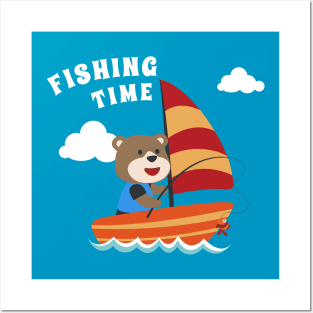 Vector cartoon illustration of cute bear fishing on sailboat with cartoon style. Posters and Art